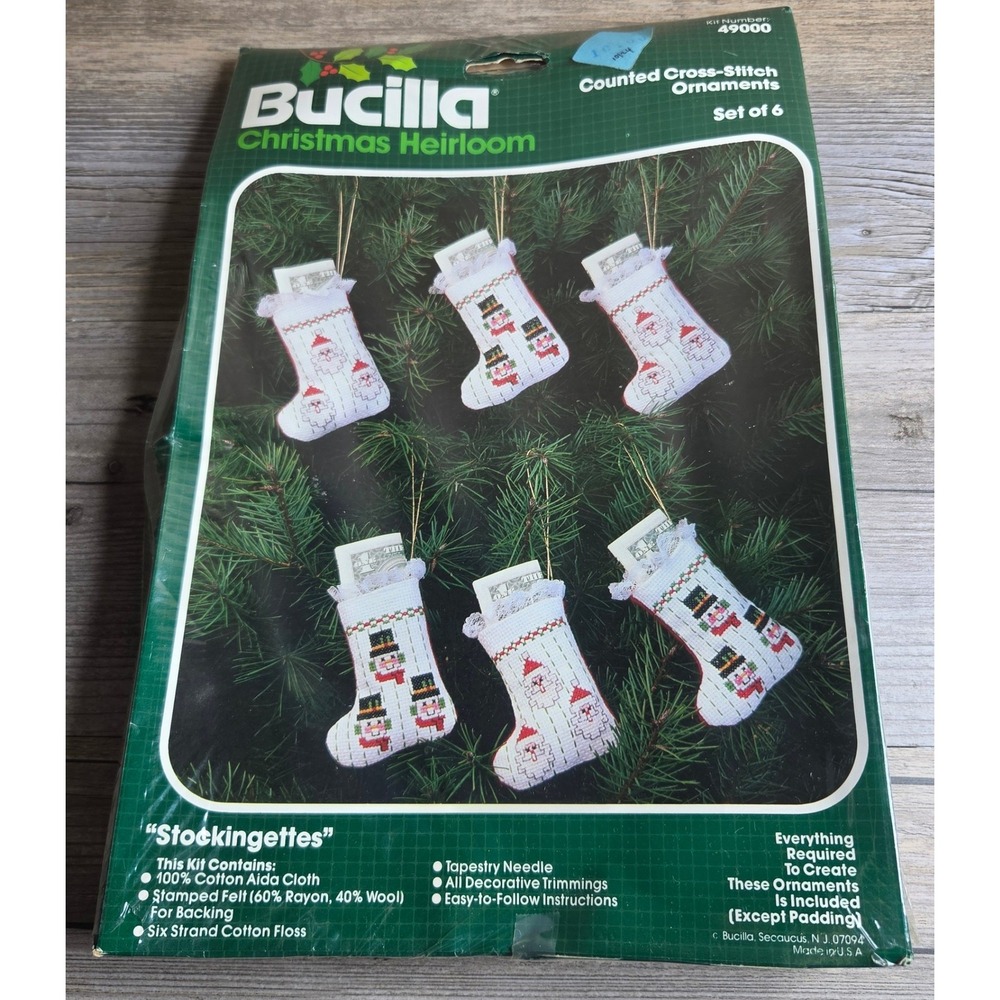 Bucilla Counted Cross Stitch Ornament Kit 49000 Stockingettes Set of 6 Christmas